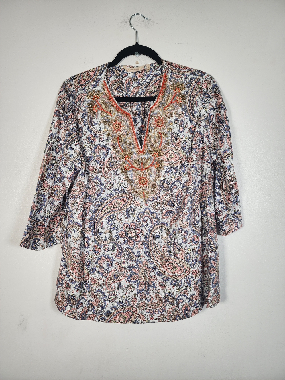Soft Surroundings Neutral Paisley Embroidered V‑Neck Tunic - Picture 3 of 6
